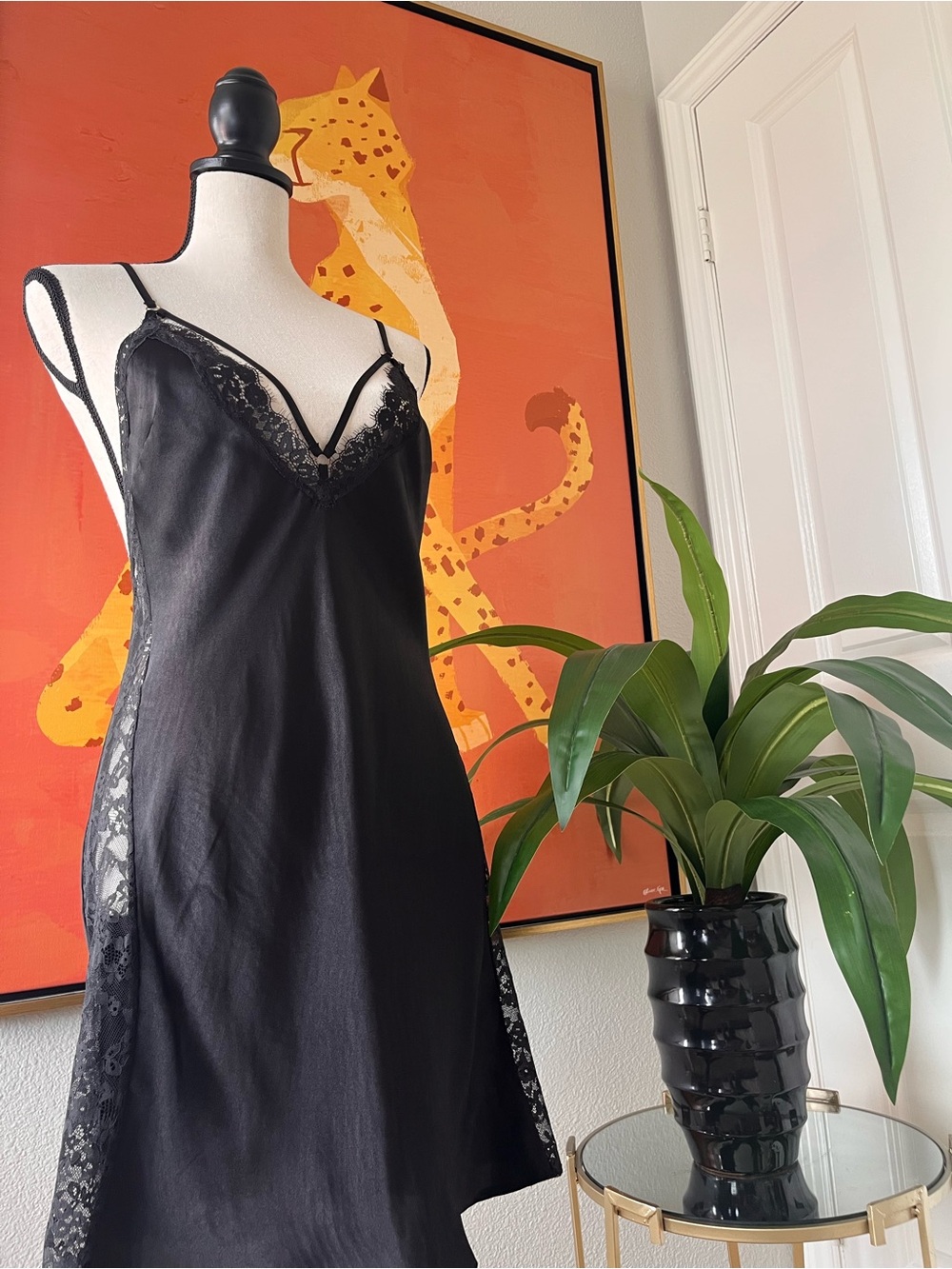 Victoria's Secret NWOT Black Lace-Trim Satin Slip Size Medium